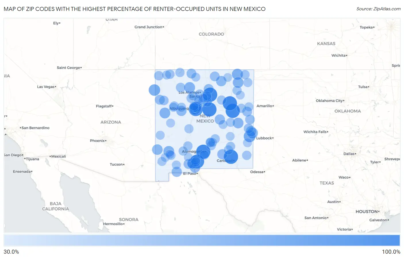 Zip Codes with the Highest Percentage of Renter-Occupied Units in New Mexico Map