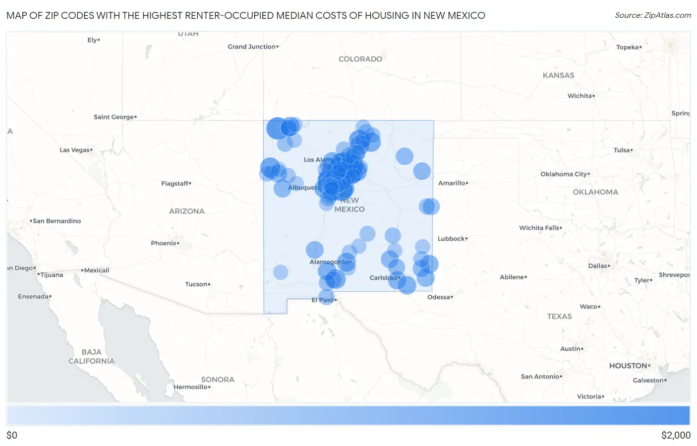 Zip Codes with the Highest Renter-Occupied Median Costs of Housing in New Mexico Map