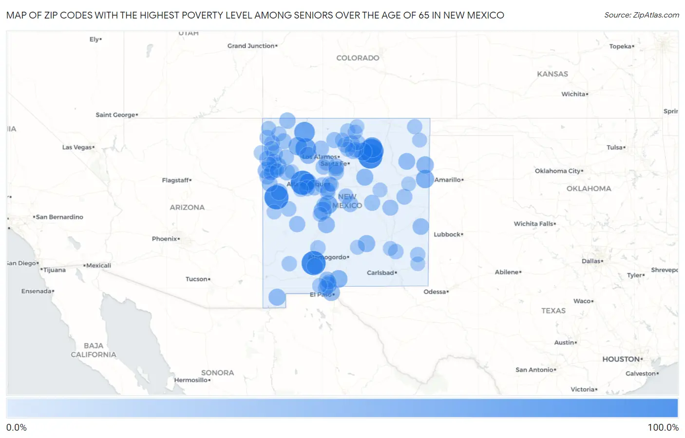 Zip Codes with the Highest Poverty Level Among Seniors Over the Age of 65 in New Mexico Map