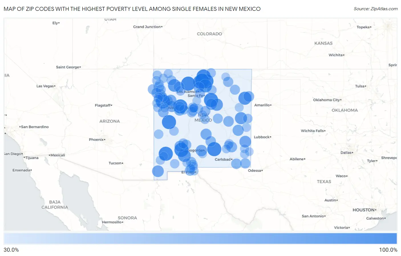 Zip Codes with the Highest Poverty Level Among Single Females in New Mexico Map