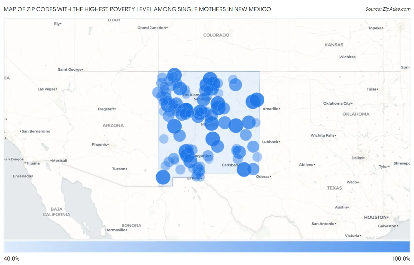 Zip Codes with the Highest Poverty Level Among Single Mothers in New Mexico Map