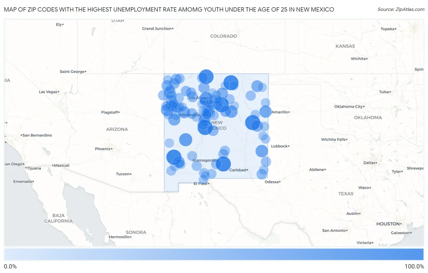 Zip Codes with the Highest Unemployment Rate Amomg Youth Under the Age of 25 in New Mexico Map