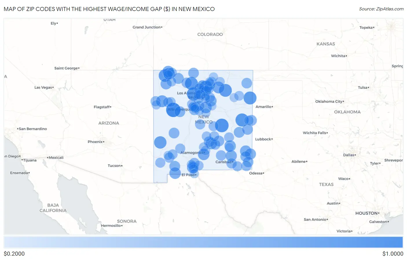 Zip Codes with the Highest Wage/Income Gap ($) in New Mexico Map