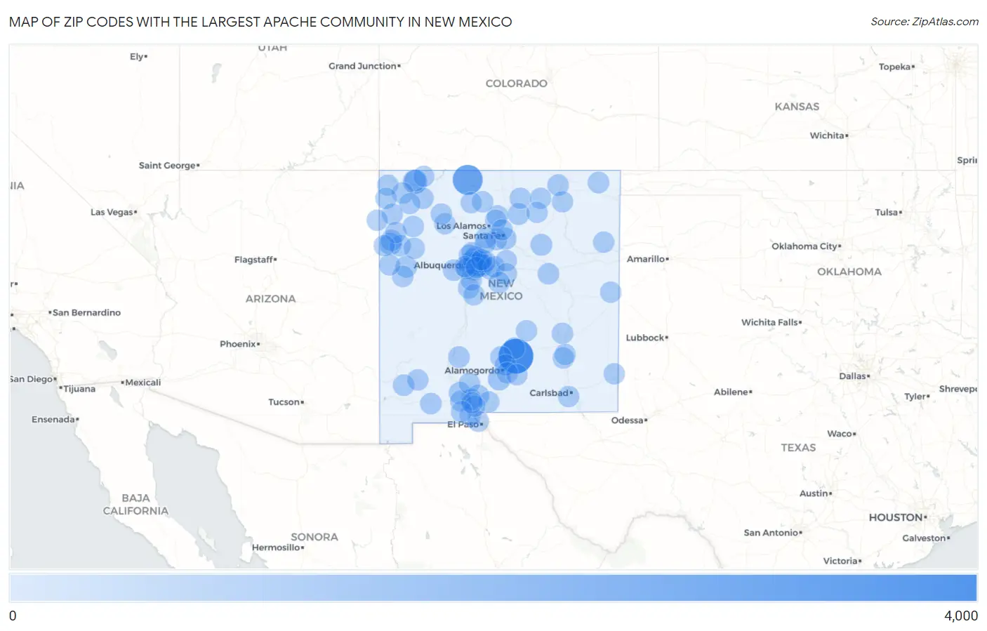 Zip Codes with the Largest Apache Community in New Mexico Map