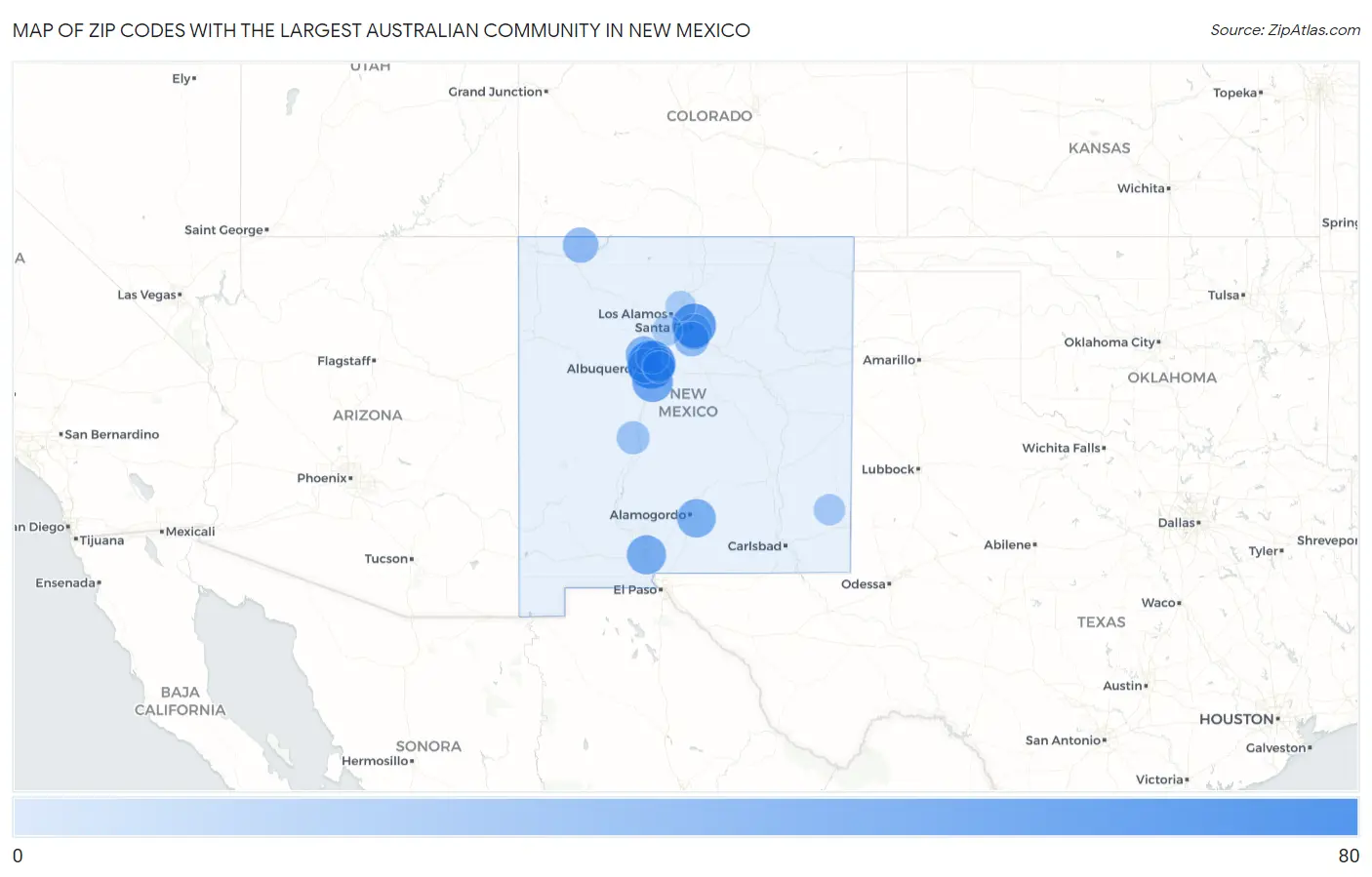 Zip Codes with the Largest Australian Community in New Mexico Map