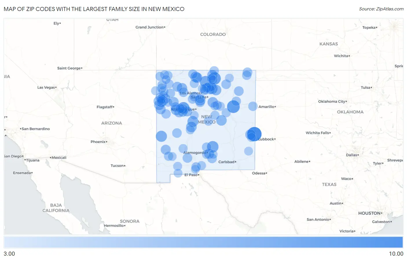 Zip Codes with the Largest Family Size in New Mexico Map