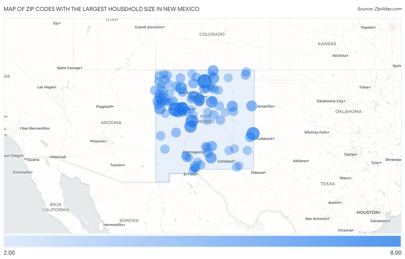 Zip Codes with the Largest Household Size in New Mexico Map