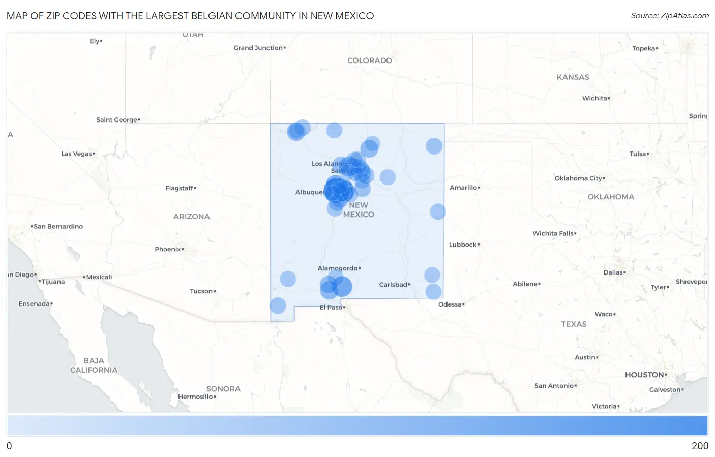 Zip Codes with the Largest Belgian Community in New Mexico Map