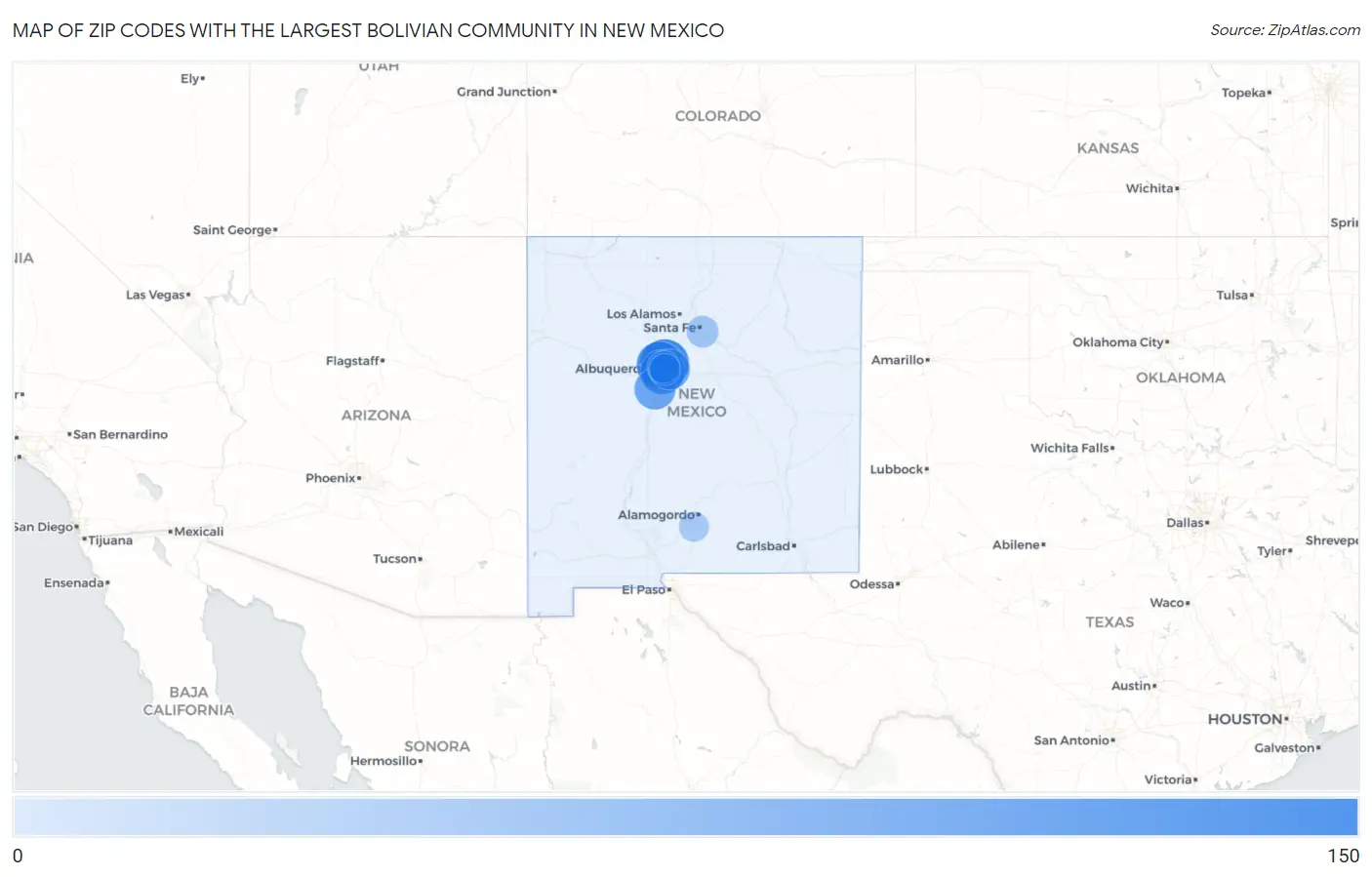 Zip Codes with the Largest Bolivian Community in New Mexico Map