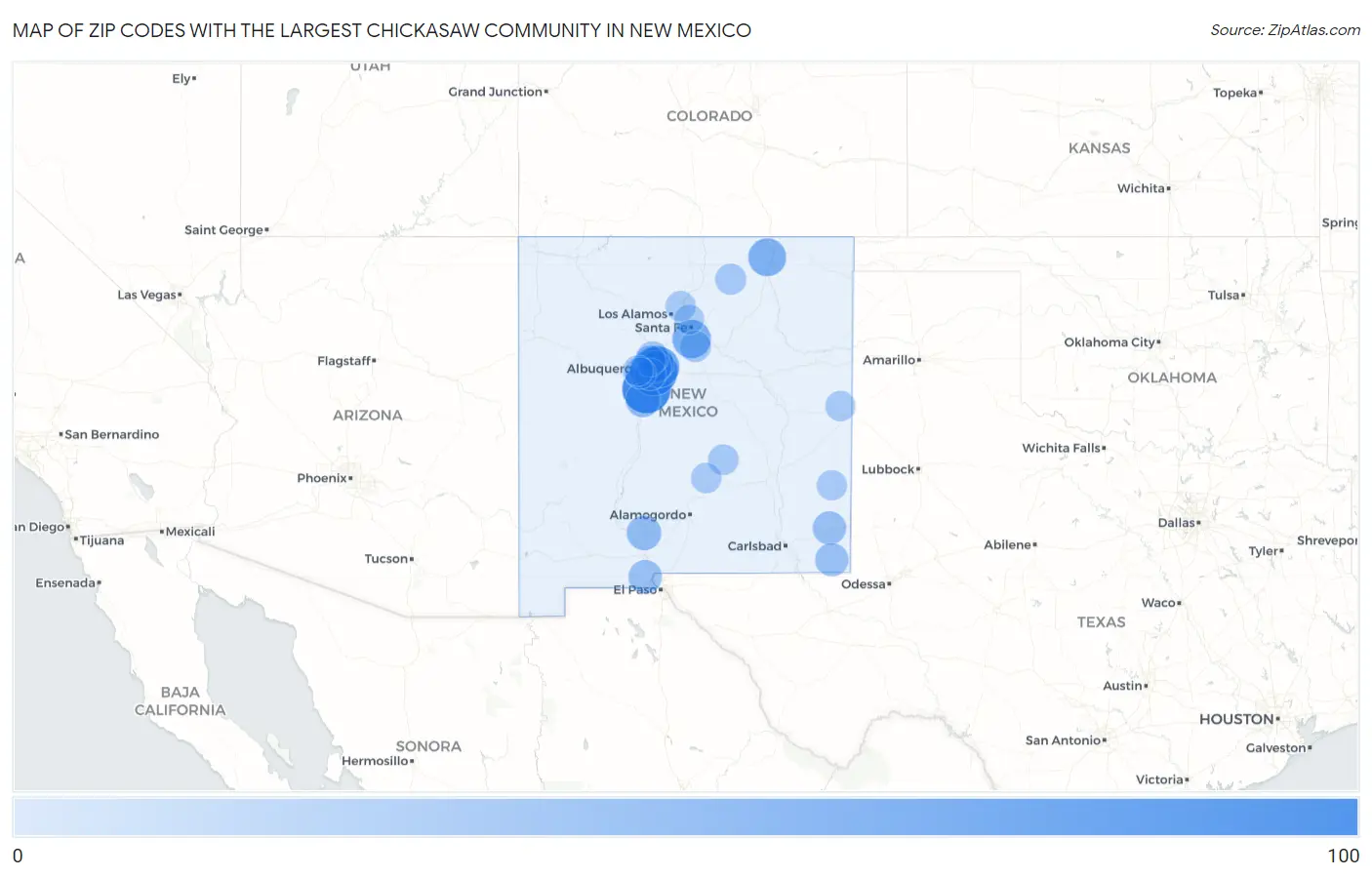 Zip Codes with the Largest Chickasaw Community in New Mexico Map