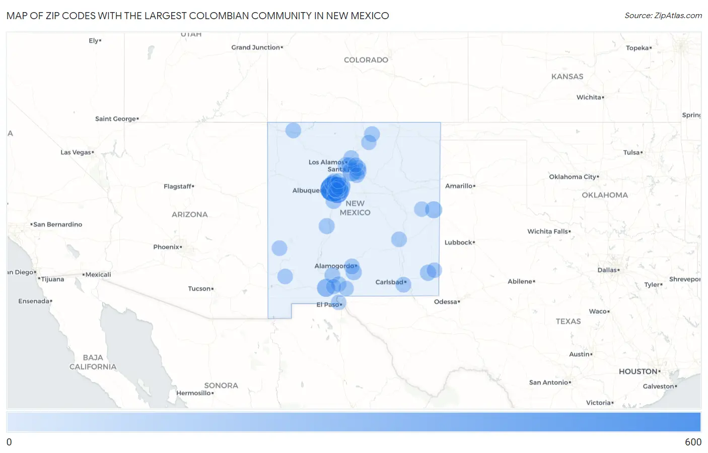 Zip Codes with the Largest Colombian Community in New Mexico Map