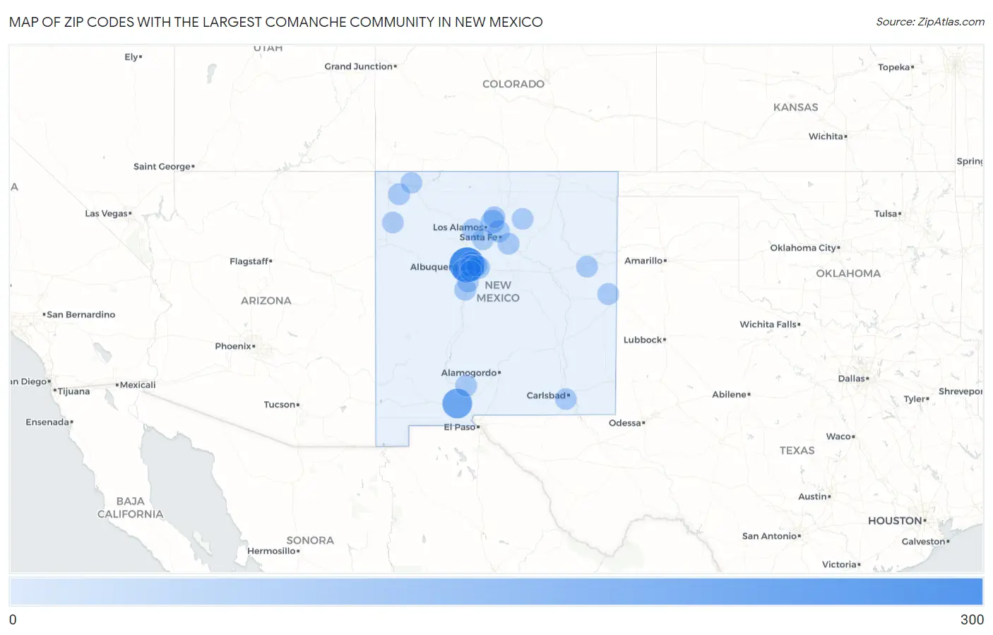 Zip Codes with the Largest Comanche Community in New Mexico Map