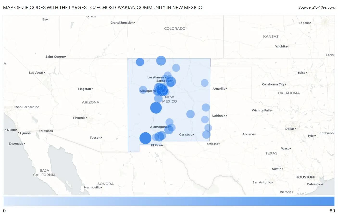Zip Codes with the Largest Czechoslovakian Community in New Mexico Map