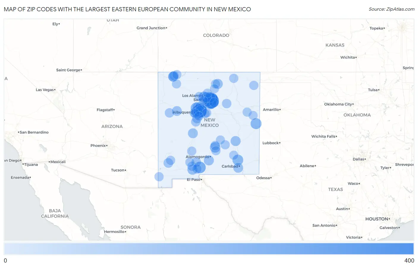 Zip Codes with the Largest Eastern European Community in New Mexico Map