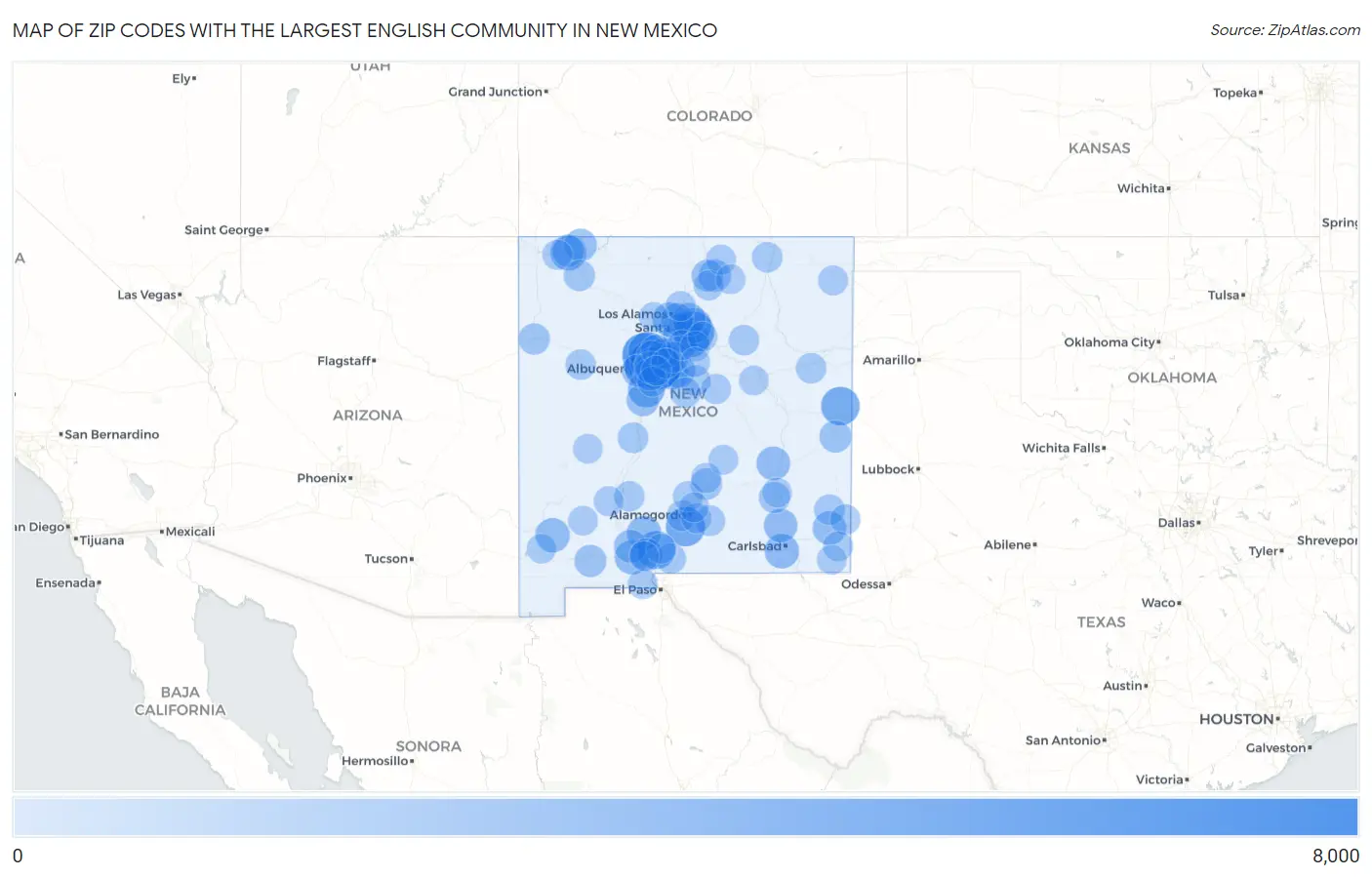 Zip Codes with the Largest English Community in New Mexico Map