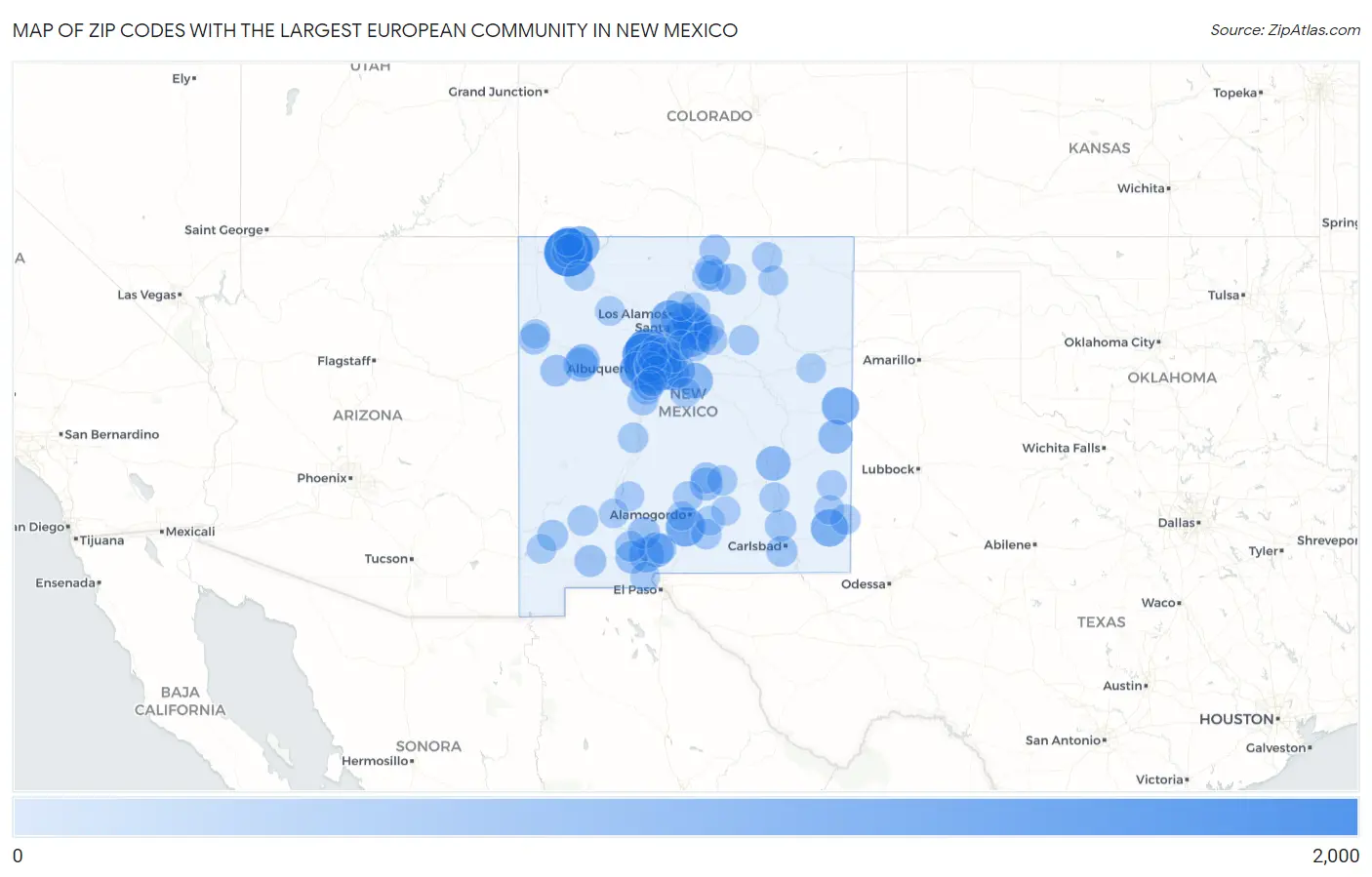 Zip Codes with the Largest European Community in New Mexico Map
