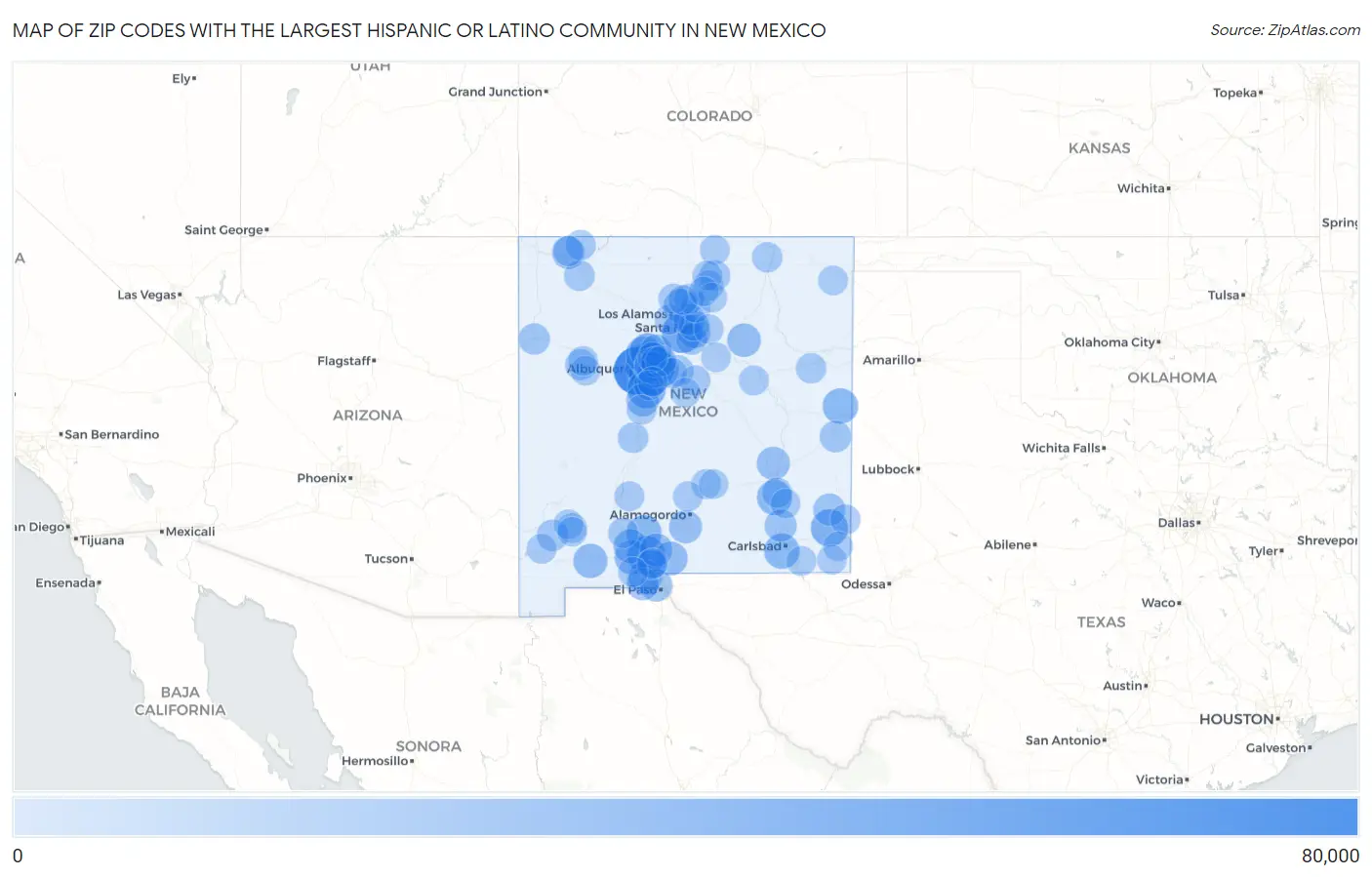 Zip Codes with the Largest Hispanic or Latino Community in New Mexico Map