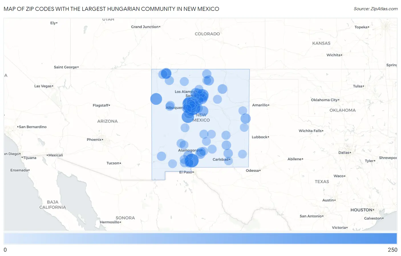 Zip Codes with the Largest Hungarian Community in New Mexico Map