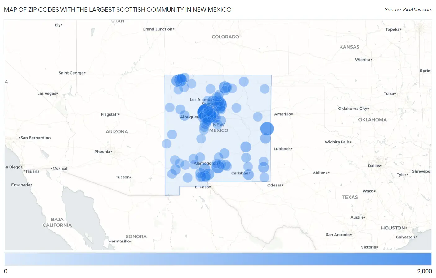 Zip Codes with the Largest Scottish Community in New Mexico Map