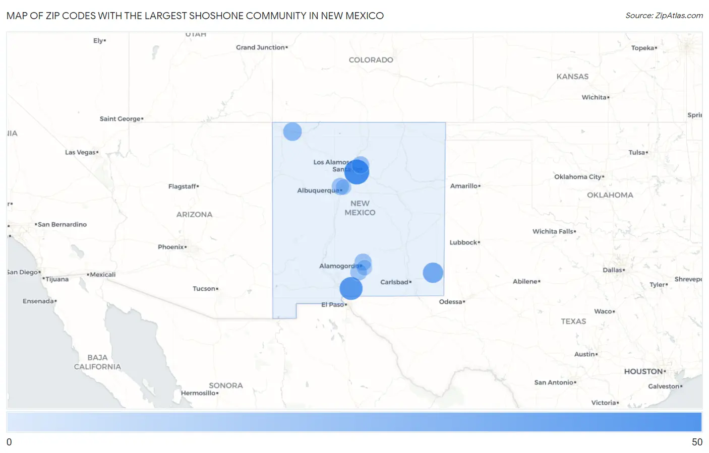 Zip Codes with the Largest Shoshone Community in New Mexico Map