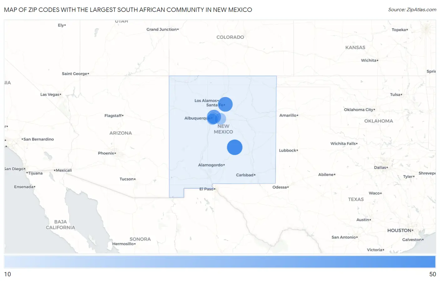 Zip Codes with the Largest South African Community in New Mexico Map