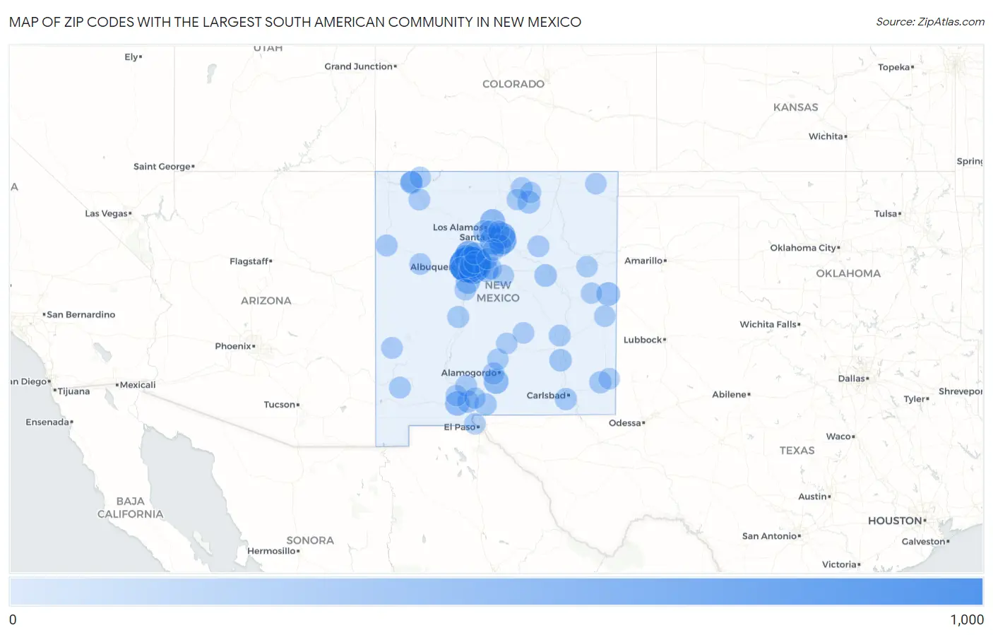 Zip Codes with the Largest South American Community in New Mexico Map