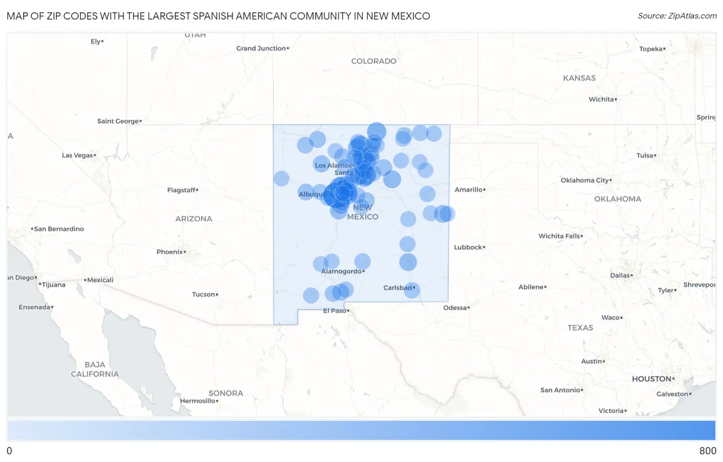 Zip Codes with the Largest Spanish American Community in New Mexico Map