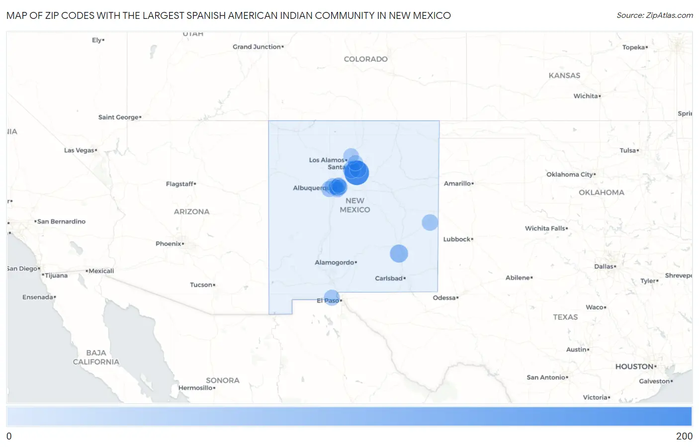 Zip Codes with the Largest Spanish American Indian Community in New Mexico Map