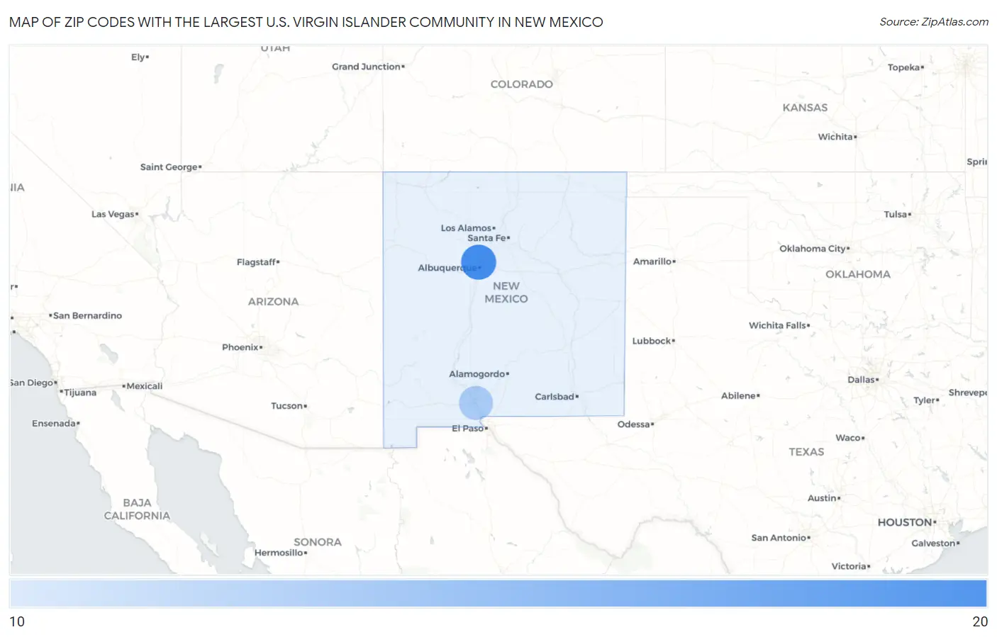 Zip Codes with the Largest U.S. Virgin Islander Community in New Mexico Map