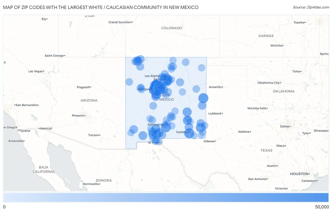 Zip Codes with the Largest White / Caucasian Community in New Mexico Map