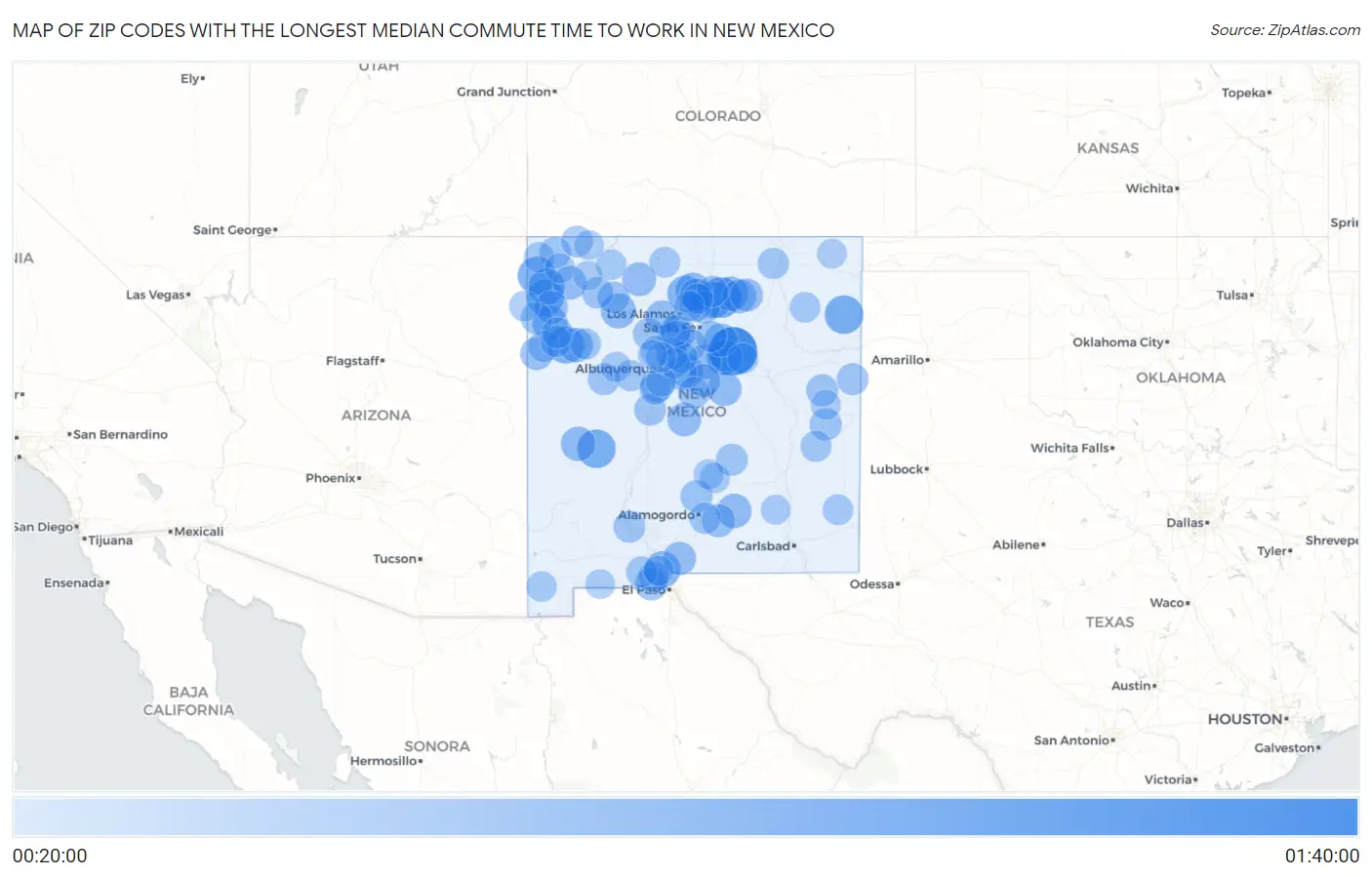 Zip Codes with the Longest Median Commute Time to Work in New Mexico Map