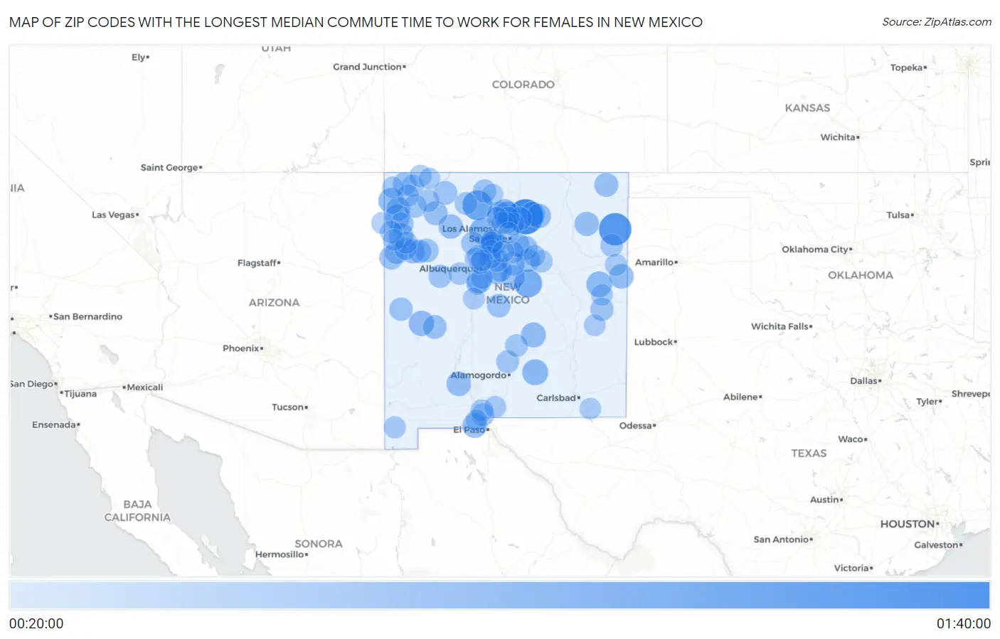 Zip Codes with the Longest Median Commute Time to Work for Females in New Mexico Map