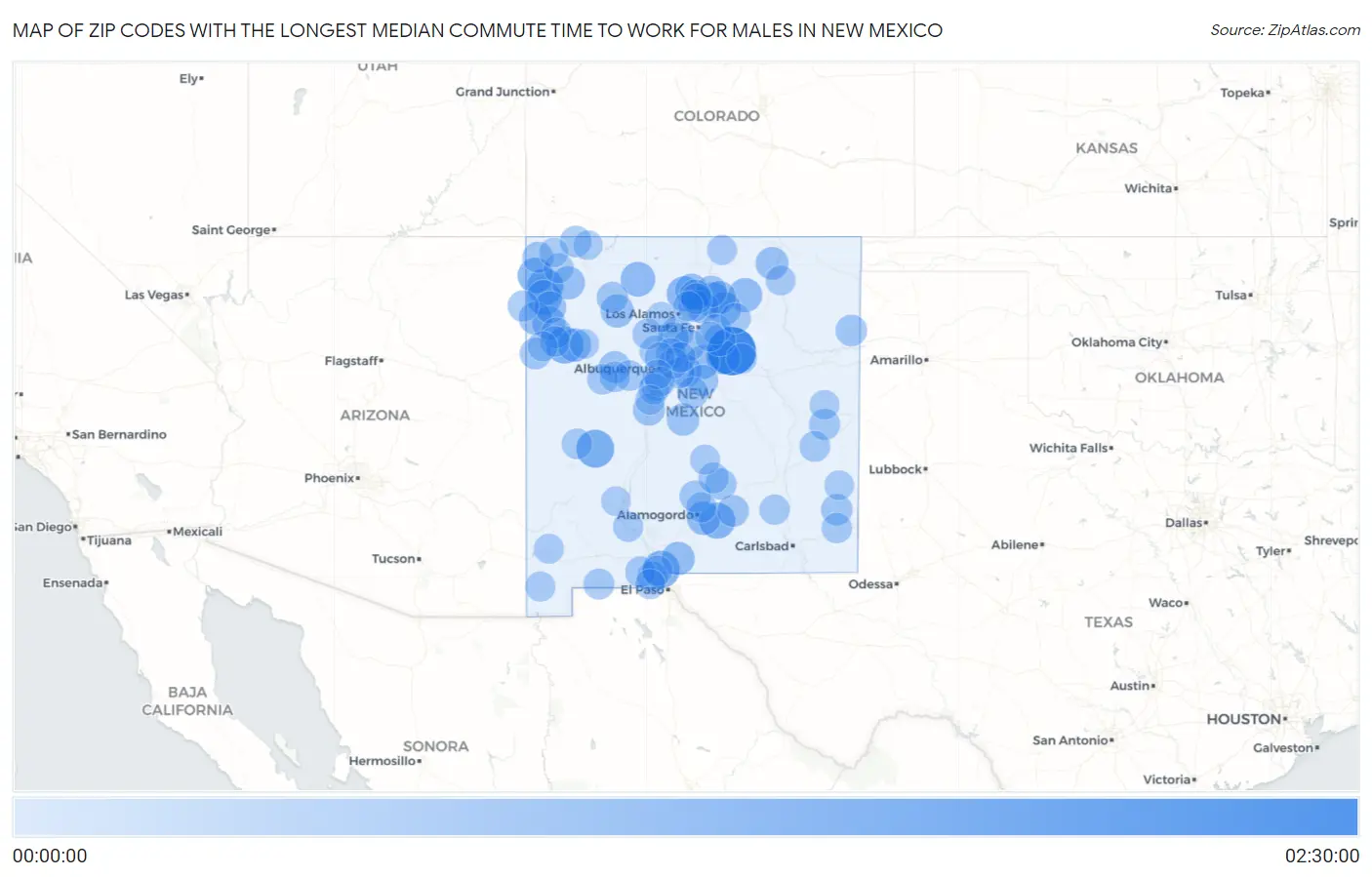 Zip Codes with the Longest Median Commute Time to Work for Males in New Mexico Map