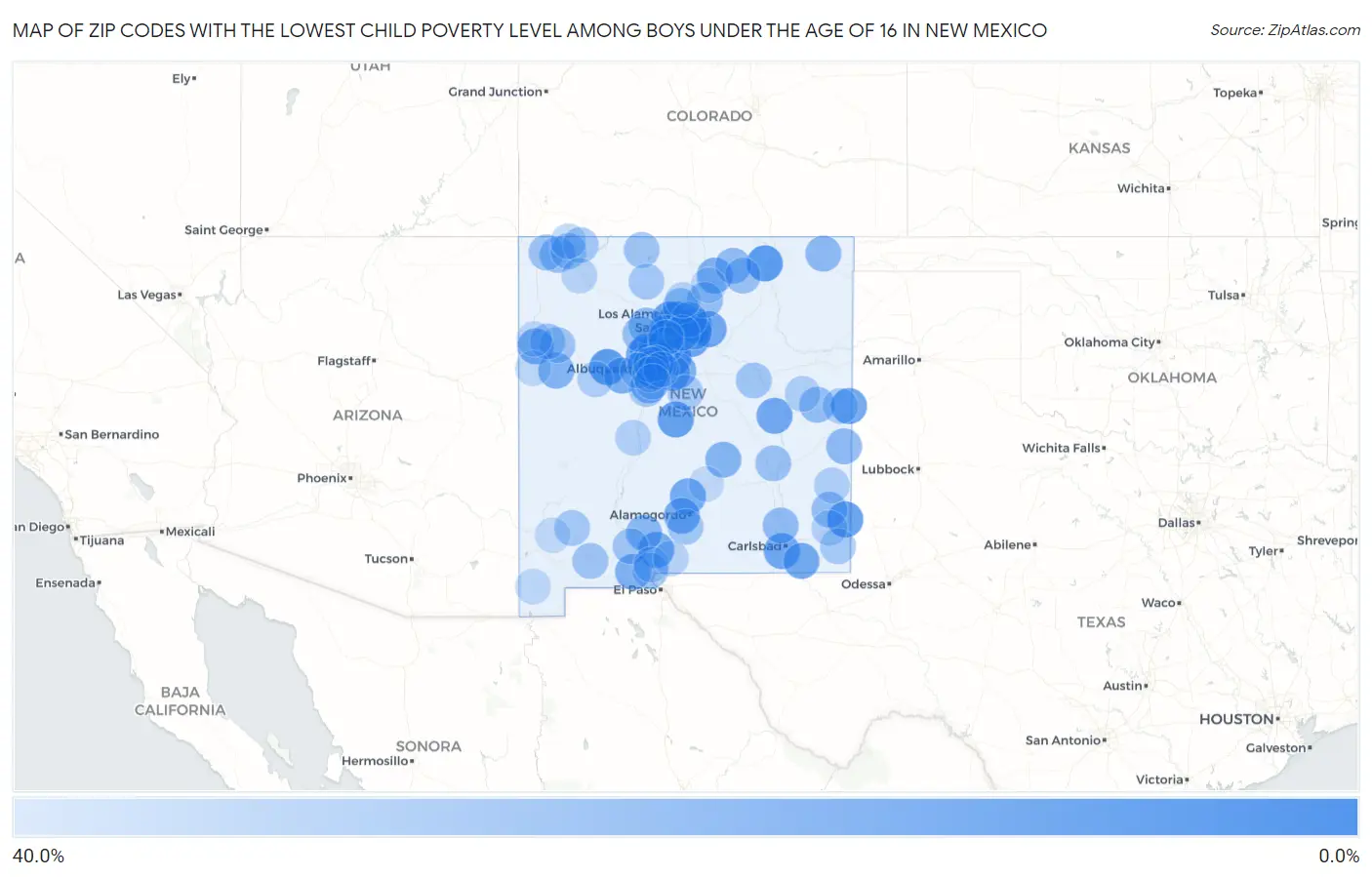 Zip Codes with the Lowest Child Poverty Level Among Boys Under the Age of 16 in New Mexico Map