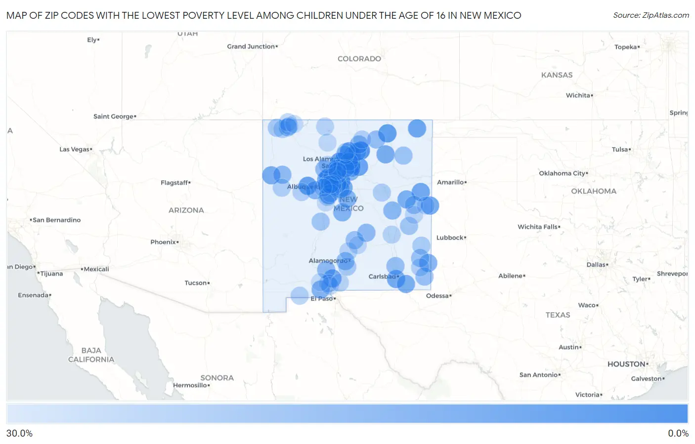 Zip Codes with the Lowest Poverty Level Among Children Under the Age of 16 in New Mexico Map