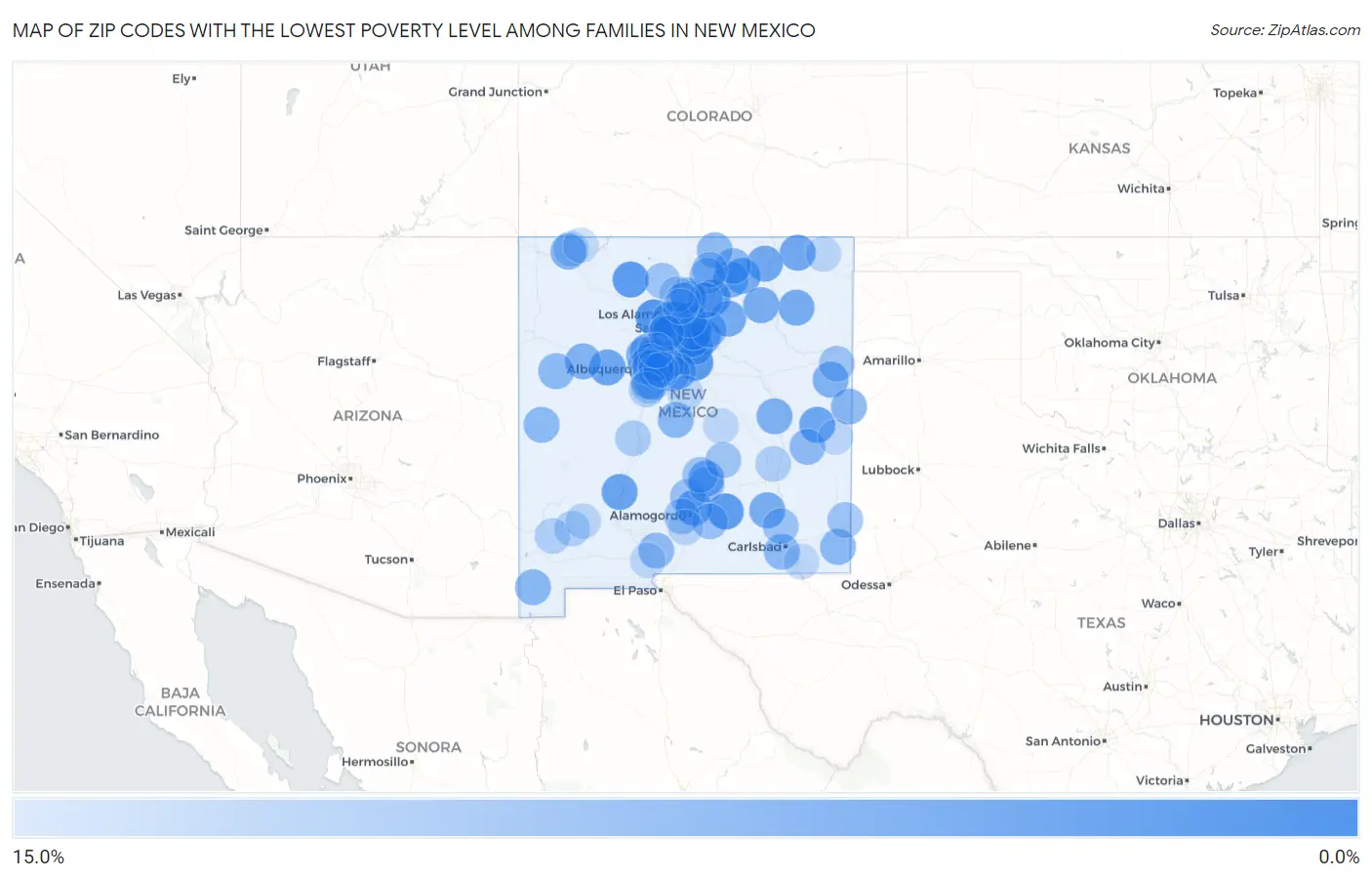Zip Codes with the Lowest Poverty Level Among Families in New Mexico Map