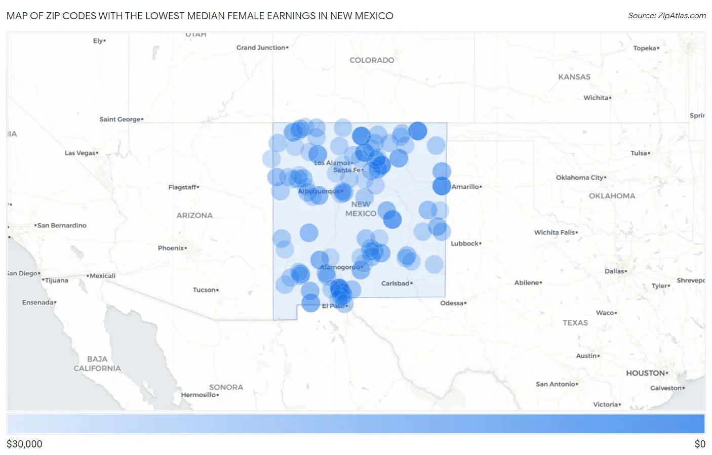 Zip Codes with the Lowest Median Female Earnings in New Mexico Map