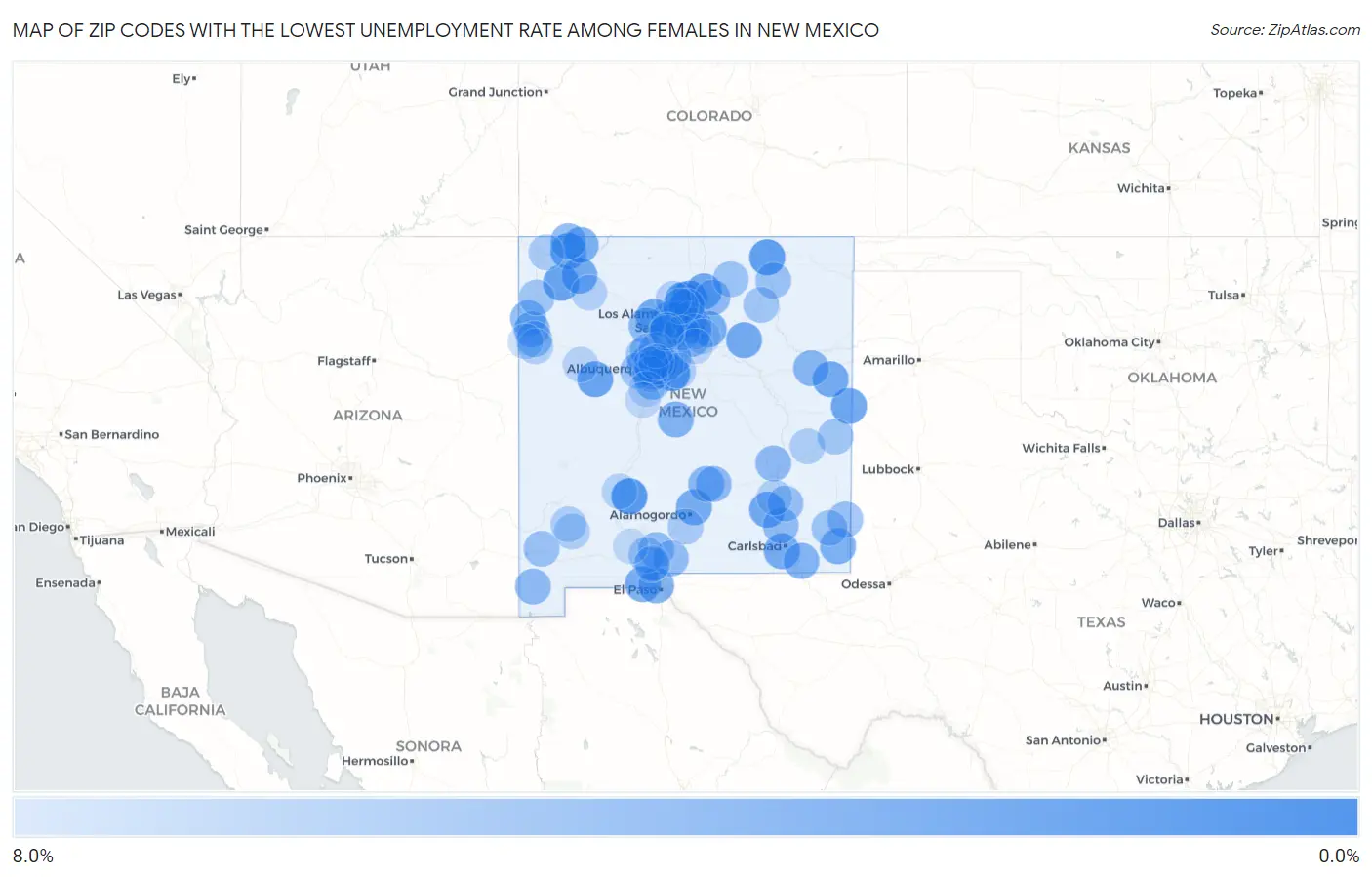 Zip Codes with the Lowest Unemployment Rate Among Females in New Mexico Map