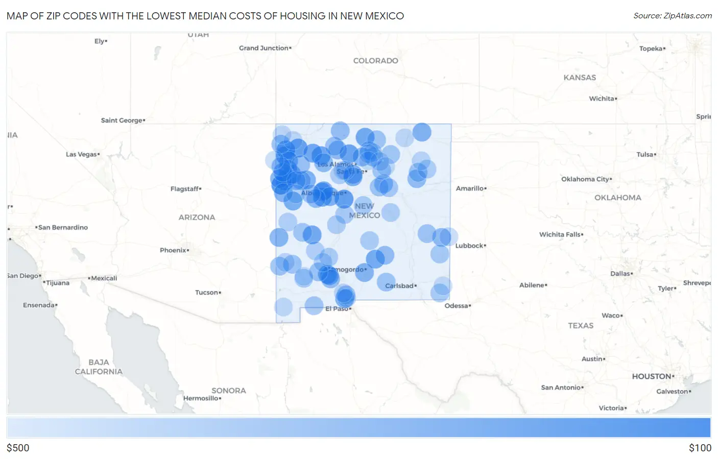 Zip Codes with the Lowest Median Costs of Housing in New Mexico Map