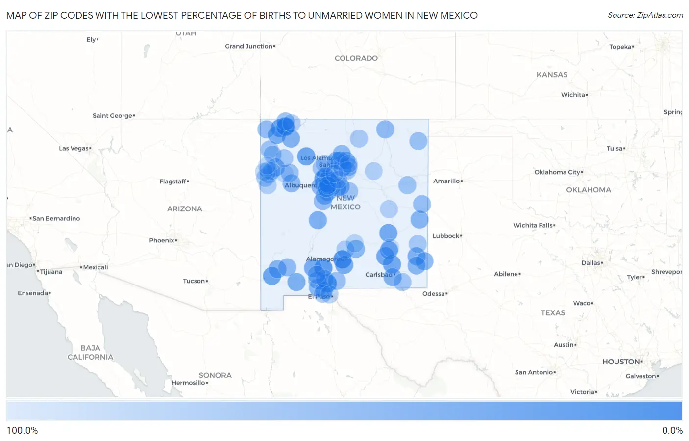 Zip Codes with the Lowest Percentage of Births to Unmarried Women in New Mexico Map