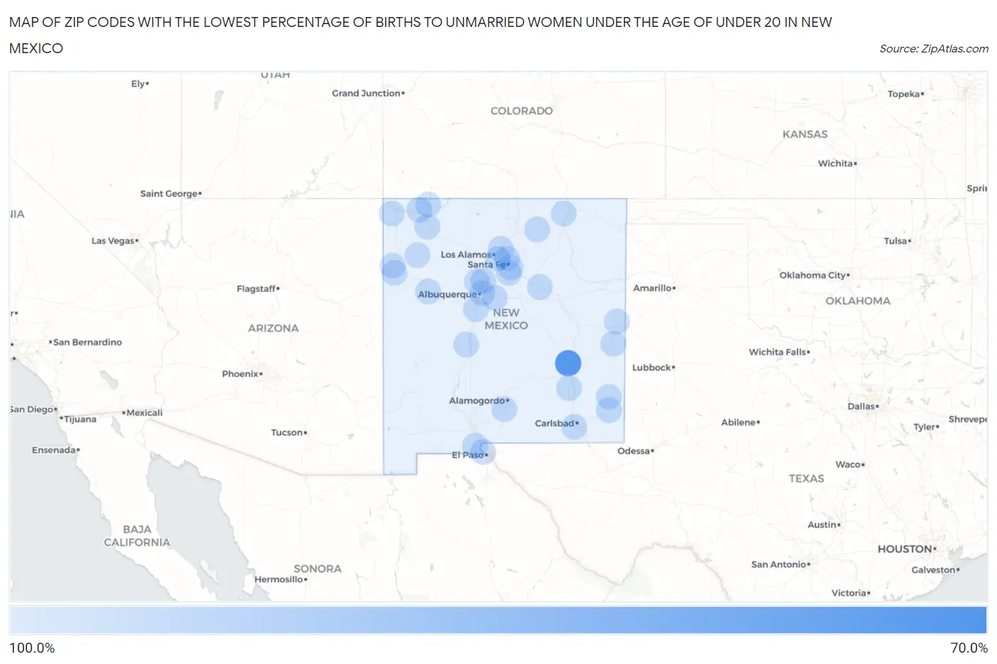 Zip Codes with the Lowest Percentage of Births to Unmarried Women under the Age of under 20 in New Mexico Map
