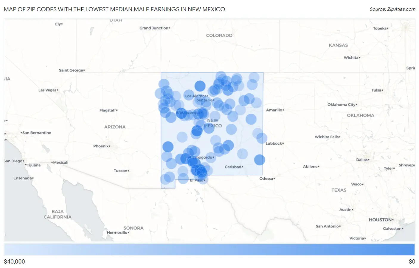 Zip Codes with the Lowest Median Male Earnings in New Mexico Map