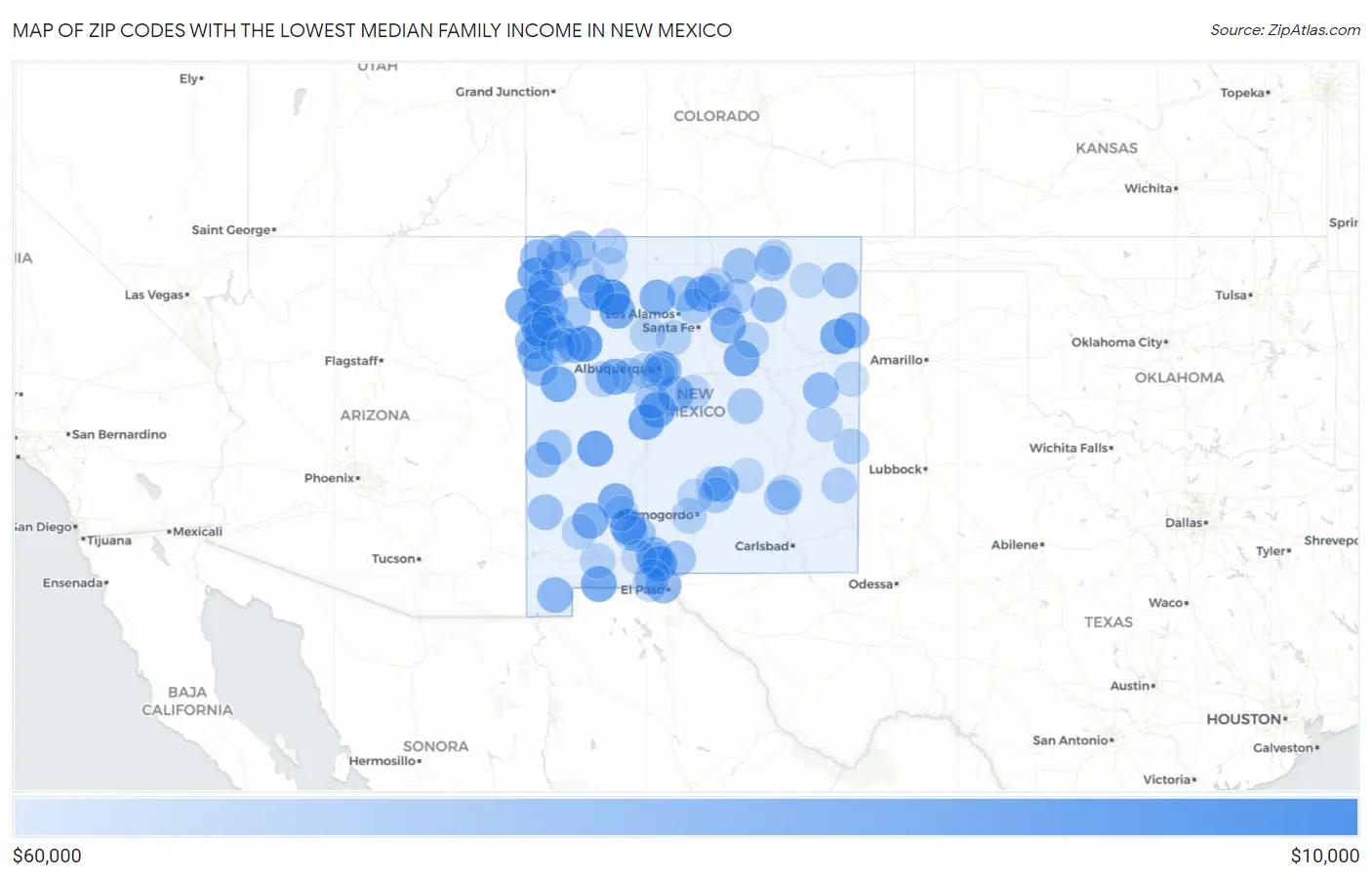 Zip Codes with the Lowest Median Family Income in New Mexico Map