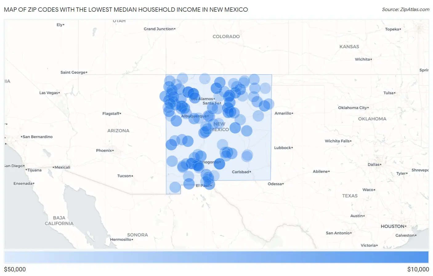 Zip Codes with the Lowest Median Household Income in New Mexico Map