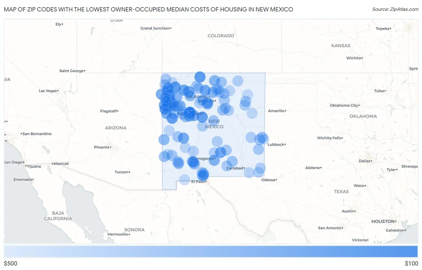 Zip Codes with the Lowest Owner-Occupied Median Costs of Housing in New Mexico Map