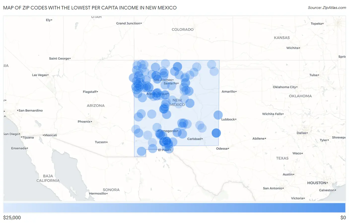Zip Codes with the Lowest Per Capita Income in New Mexico Map
