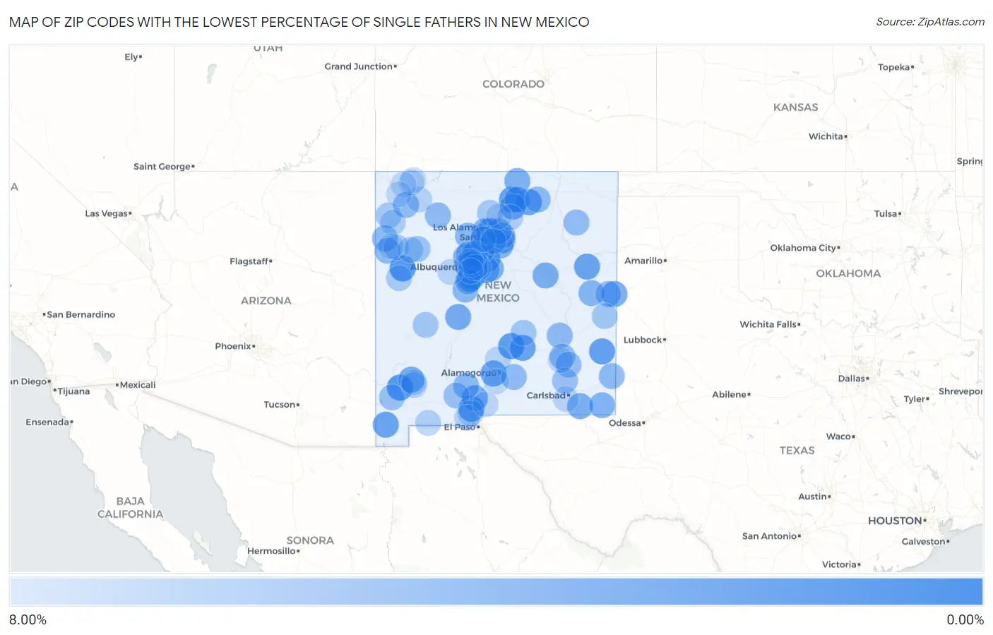 Zip Codes with the Lowest Percentage of Single Fathers in New Mexico Map