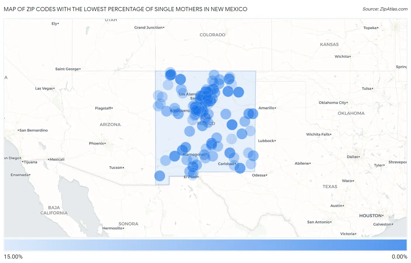 Zip Codes with the Lowest Percentage of Single Mothers in New Mexico Map