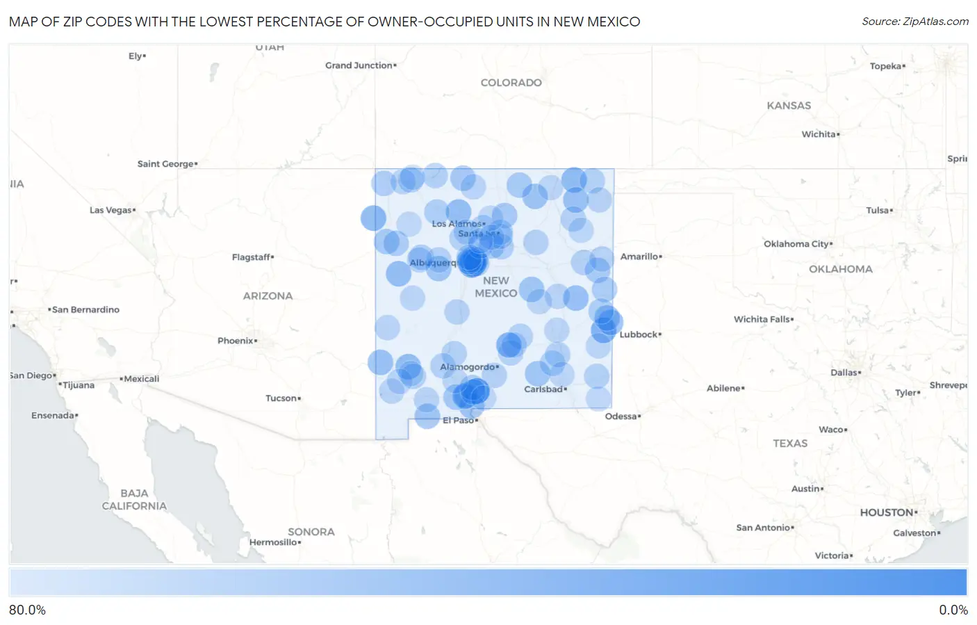 Zip Codes with the Lowest Percentage of Owner-Occupied Units in New Mexico Map