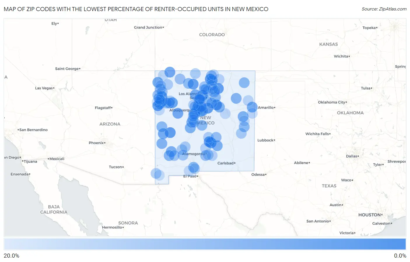 Zip Codes with the Lowest Percentage of Renter-Occupied Units in New Mexico Map